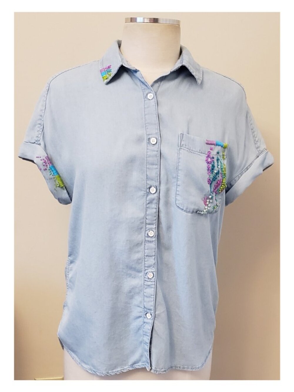 Piazza Sempione, Milano, Italy Beaded Embellished Shirt Size EU44/US 8 Chambray